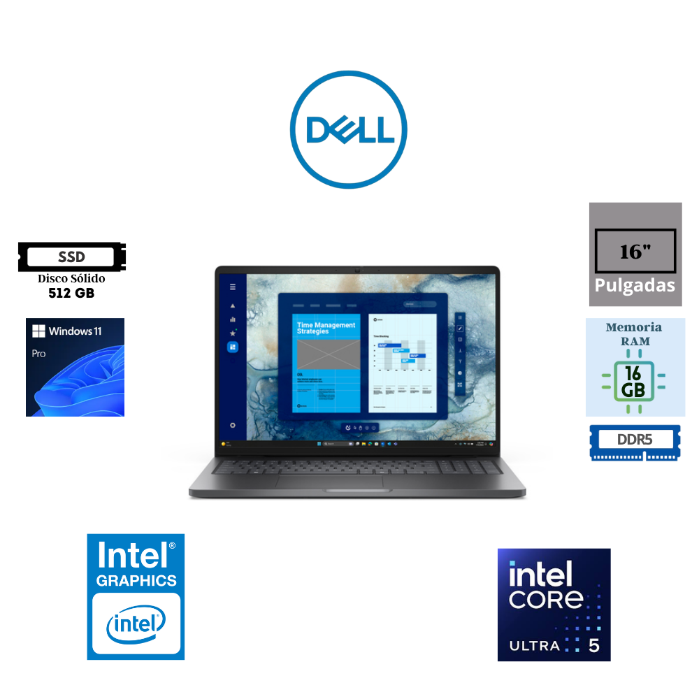 LAPTOP DELL PRO 16 16" INTEL CORE ULTRA 5 235U VPRO 16 GB RAM 512 GB SSD WINDOWS 11 PRO