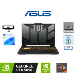 LAPTOP GAMING ASUS TUF A18 FA808UH-RS74 18" AMD RYZEN 7 260 16GB 1TB SSD NVIDIA GEFORCE RTX 5050 8192MB WINDOWS 11