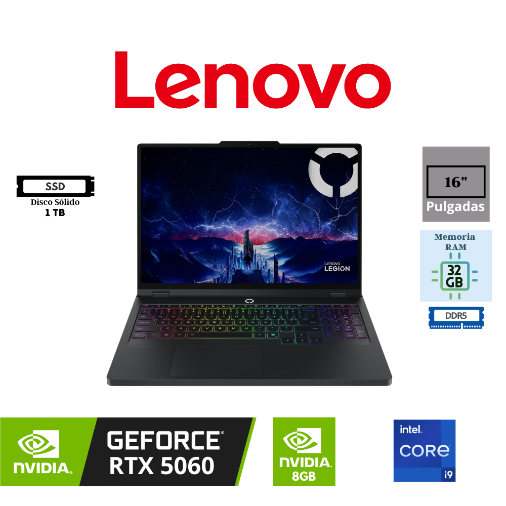 LAPTOP GAMING LENOVO LEGION PRO 5 16IRX10 16" INTEL CORE I9-14900HX 32GB RAM 1TB SSD NVIDIA GEFORCE RTX 5060 8GB