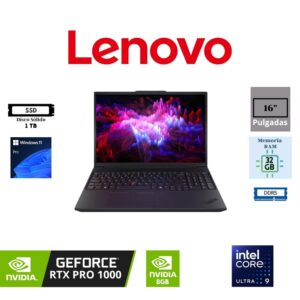 LAPTOP LENOVO THINKPAD P16V GEN 3 16″ WUXGA IPS INTEL CORE ULTRA 9 285H 1TB SSD M.2 32GB RAM DDR5 NVIDIA RTX PRO 1000 8GB WINDOWS 11 PRO BLACK