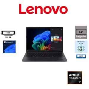 LAPTOP LENOVO THINKPAD T14 GEN 6 14″ WUXGA IPS AMD RYZEN AI 7 PRO 350 512GB SSD M.2 16GB RAM DDR5 AMD RADEON GRAPHICS WINDOWS 11 PRO BLACK 21QK000QLM