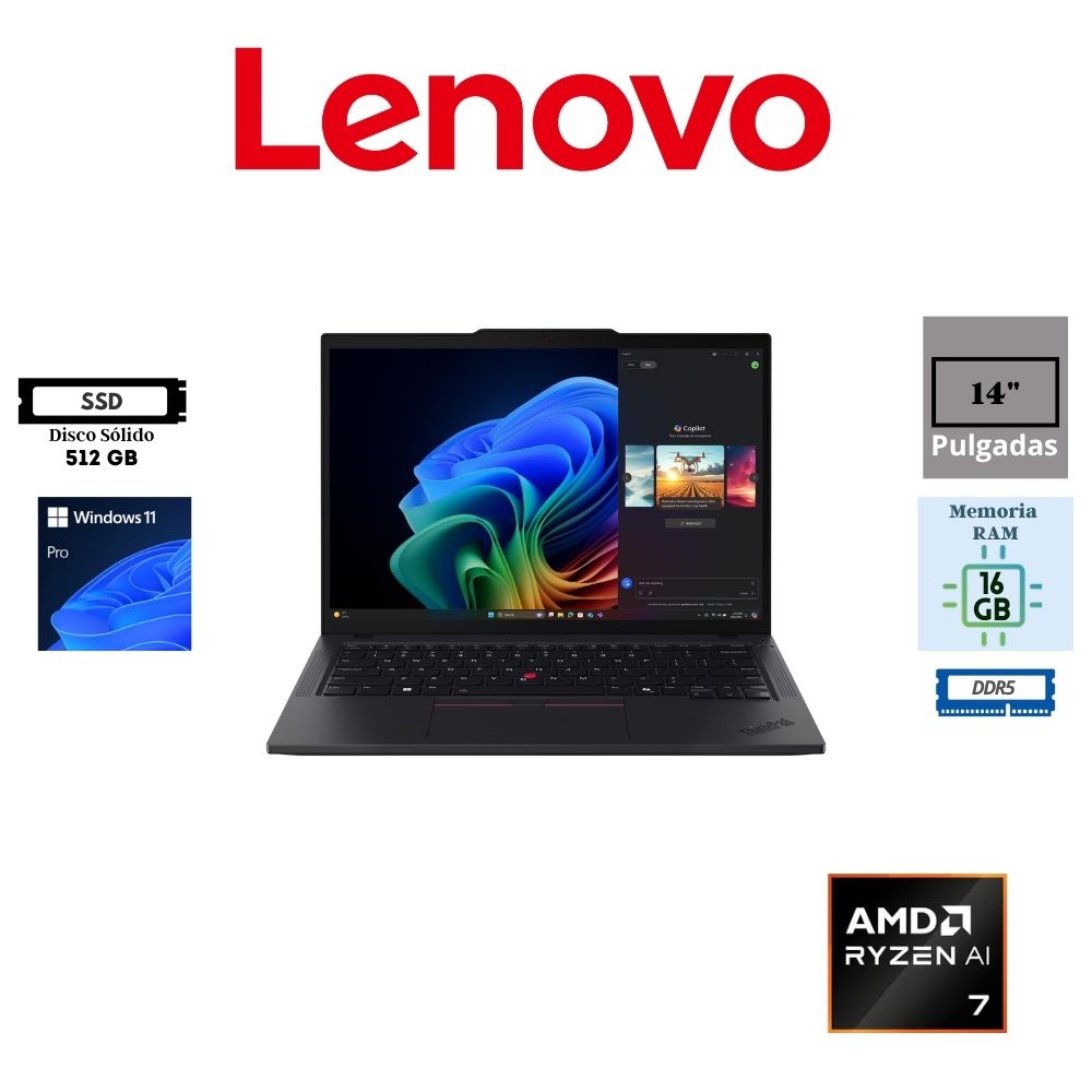 LAPTOP LENOVO THINKPAD T14 GEN 6 14″ WUXGA IPS AMD RYZEN AI 7 PRO 350 512GB SSD M.2 16GB RAM DDR5 AMD RADEON GRAPHICS WINDOWS 11 PRO BLACK 21QK000QLM