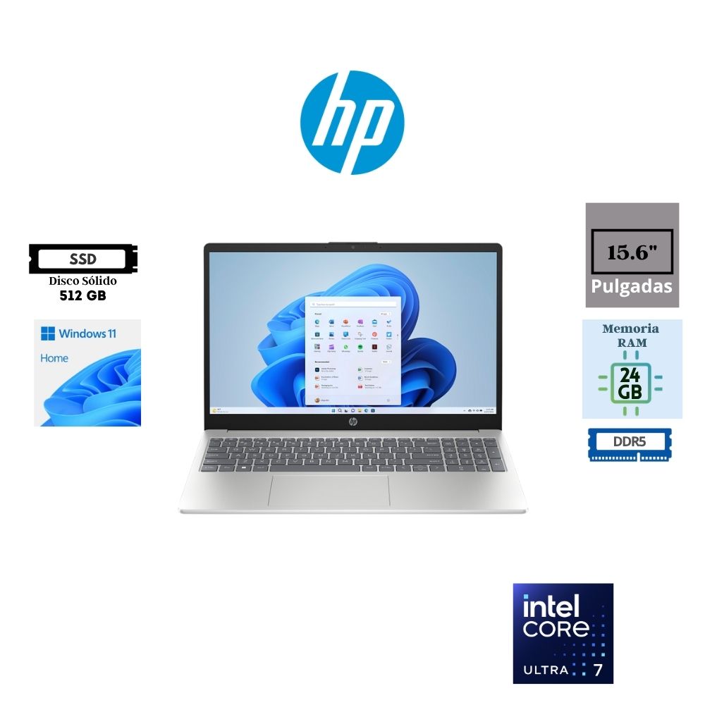 LAPTOP HP 15-FD2373LA 15.6″ FHD IPS INTEL CORE ULTRA 7 255U 512GB SSD M.2 24GB RAM DDR5 INTEL GRAPHICS WINDOWS 11 HOME SILVER D2KA8LA#ABM