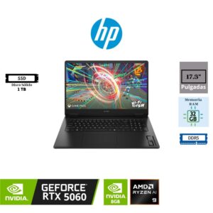 LAPTOP GAMING HP OMEN 17-DB1002LA 17.3″ FHD IPS 144HZ AMD RYZEN AI 9 365 1TB SSD M.2 32GB RAM DDR5 NVIDIA GEFORCE RTX 5060 8GB GRAPHICS FREEDOS BLACK CW4G9LA#ABM