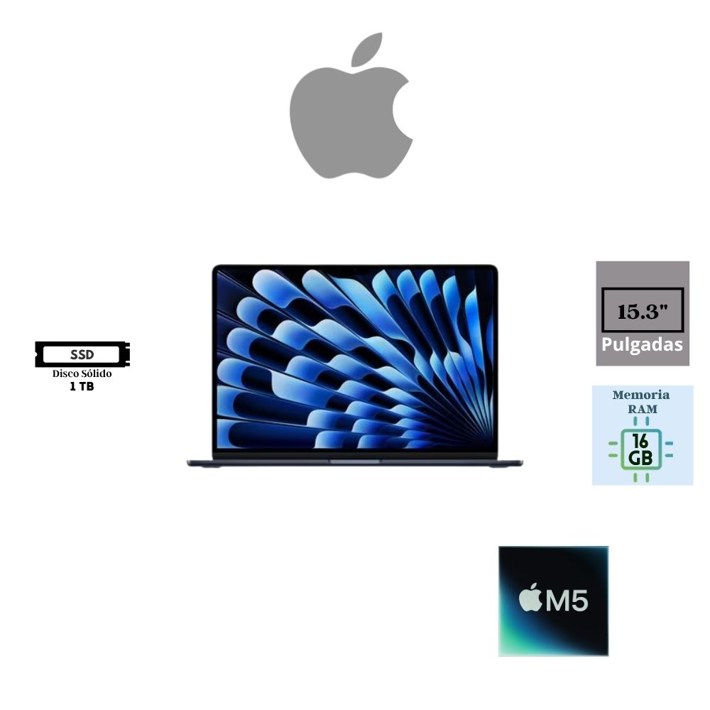 LAPTOP APPLE MACBOOK AIR 15.3″ LIQUID RETINA APPLE M5 1TB SSD 16GB RAM APPLE GPU 10-CORE MACOS TAHOE MIDNIGHT MDVK4E/A
