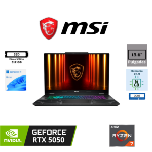 LAPTOP GAMING MSI CYBORG A15 AI B2HWEKG-071US 15.6″ FHD IPS 144HZ AMD RYZEN 7 260 16GB RAM DDR5 5600MHZ 512GB SSD M.2 NVIDIA GEFORCE RTX 5050 8GB WINDOWS 11 HOME