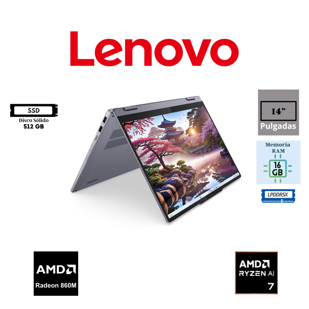 LAPTOP 2 EN 1 LENOVO IDEAPAD 5 GEN 10 14AHP10 14″ WUXGA TOUCH AMD RYZEN AI 7 350 16GB RAM LPDDR5X 7500MHZ 512GB SSD M.2 2242 PCIE 4.0 NVME AMD RADEON 860M FREEDOS LUNA GREY