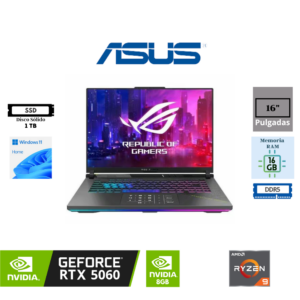 LAPTOP ASUS ROG STRIX G16 G614PM-RV127W AMD RYZEN 9 8940HX 16″ WUXGA IPS 165HZ 16GB DDR5 1TB SSD NVIDIA GEFORCE RTX 5060 8GB WINDOWS 11 HOME