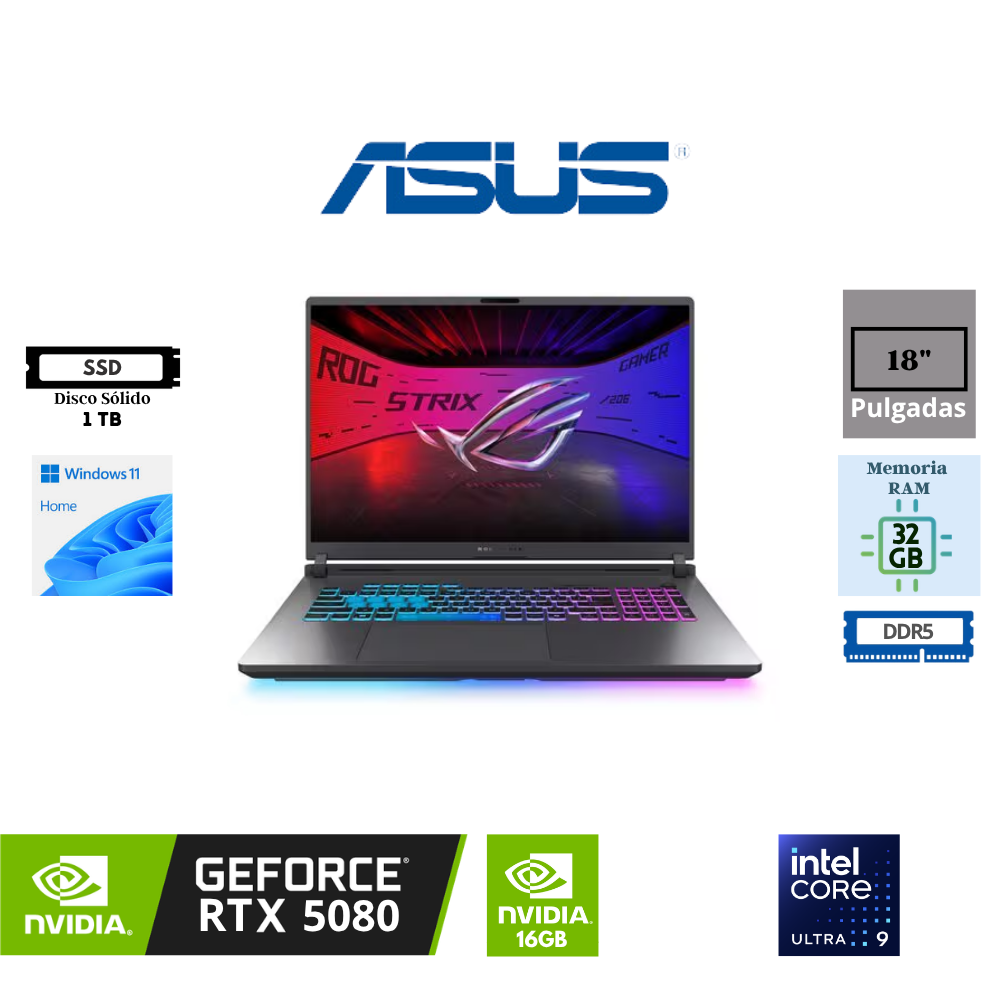 LAPTOP ASUS ROG STRIX G18 G815LW-S9181W INTEL CORE ULTRA 9 275HX 18″ WQXGA IPS 240HZ 32GB DDR5 1TB SSD NVIDIA GEFORCE RTX 5080 16GB WINDOWS 11 HOME