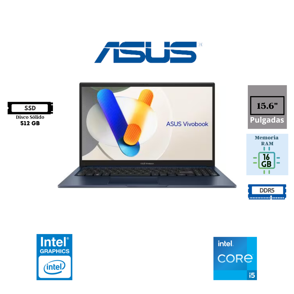 LAPTOP ASUS VIVOBOOK 15 X1504VA-E84085 INTEL CORE 5 120U 15.6″ FHD TACTIL 16GB DDR5 512GB SSD INTEL GRAPHICS