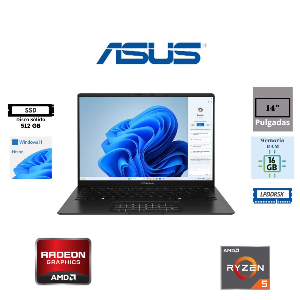 LAPTOP ASUS ZENBOOK 14 OLED UM3406GA AMD RYZEN 5 7430U 14" WUXGA OLED 16GB LPDDR5X 512GB SSD RADEON GRAPHICS