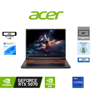LAPTOP GAMING ACER NITRO V 16 ANV16-72-933F 16″ WUXGA IPS 180HZ INTEL CORE 9 270H 32GB RAM DDR5 1TB SSD M.2 NVME PCIE NVIDIA GEFORCE RTX 5070 8GB GDDR7 WINDOWS 11 HOME