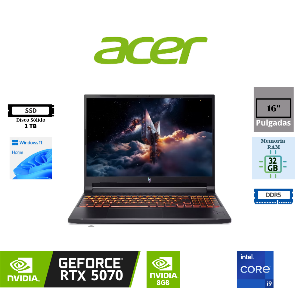 LAPTOP GAMING ACER NITRO V 16 ANV16-72-933F 16″ WUXGA IPS 180HZ INTEL CORE 9 270H 32GB RAM DDR5 1TB SSD M.2 NVME PCIE NVIDIA GEFORCE RTX 5070 8GB GDDR7 WINDOWS 11 HOME