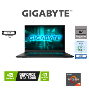 LAPTOP GAMING GIGABYTE A16 16″ WUXGA IPS 165HZ AMD RYZEN 7 260 16GB RAM DDR5 1TB SSD M.2 NVME NVIDIA GEFORCE RTX 5060 8GB WINDOWS 11 HOME