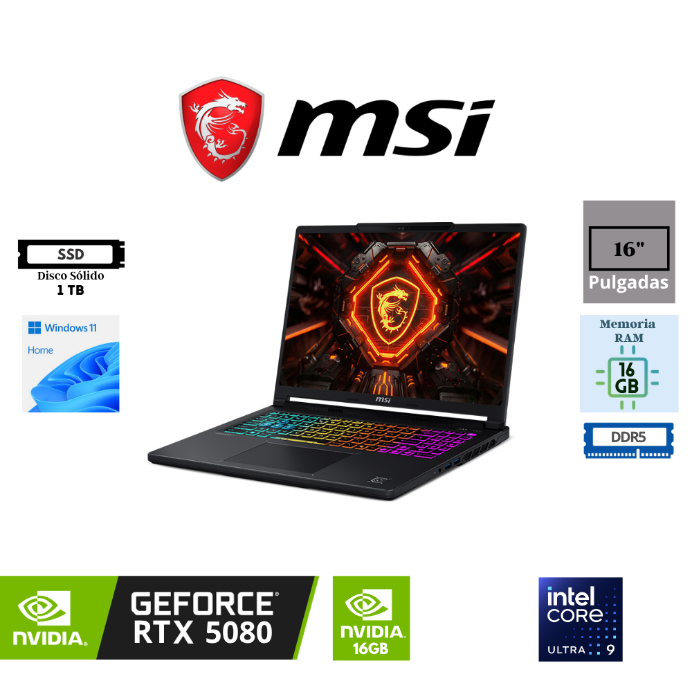 LAPTOP GAMING MSI RAIDER 16 HX B2WI 16″ QHD+ INTEL CORE ULTRA 9 275HX 16GB DDR5 1TB SSD NVIDIA GEFORCE RTX SERIE 5080 16GB WINDOWS 11 HOME