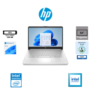LAPTOP HP 14-DQ6101DX 14″ HD INTEL PROCESSOR N150 4GB RAM DDR4 3200MHZ 128GB UFS INTEL GRAPHICS WINDOWS 11 HOME NATURAL SILVER