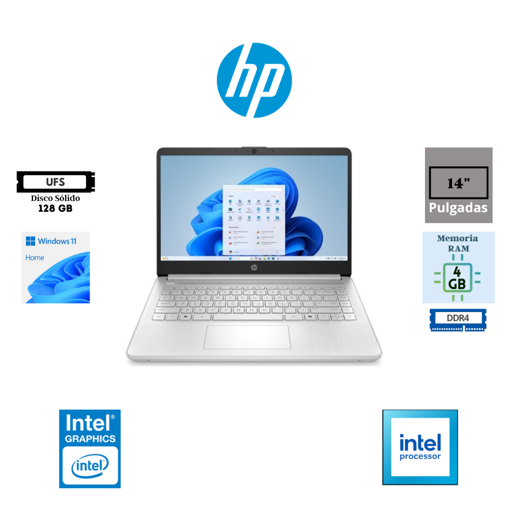 LAPTOP HP 14-DQ6101DX 14″ HD INTEL PROCESSOR N150 4GB RAM DDR4 3200MHZ 128GB UFS INTEL GRAPHICS WINDOWS 11 HOME NATURAL SILVER