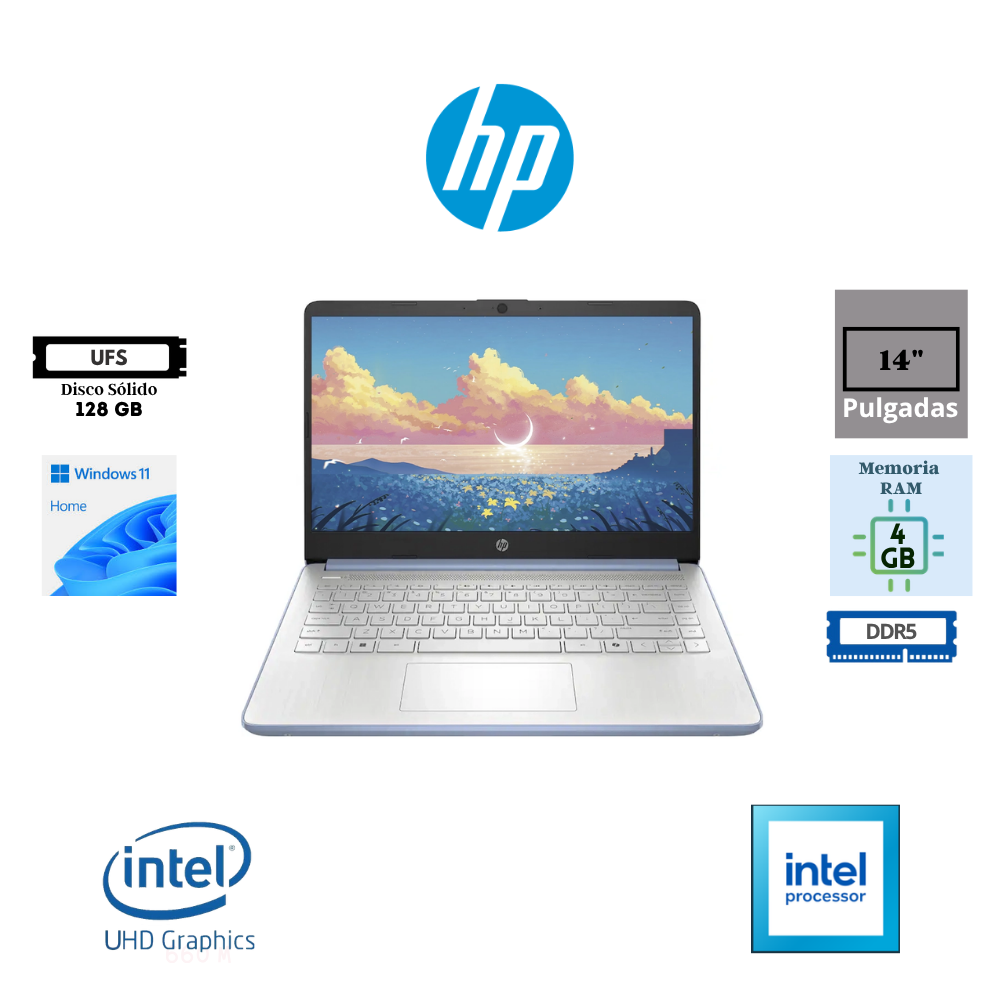 LAPTOP HP 14-DQ6102DX 14″ HD INTEL PROCESSOR N150 4GB RAM DDR5 4800MHZ 128GB UFS INTEL UHD GRAPHICS WINDOWS 11 HOME