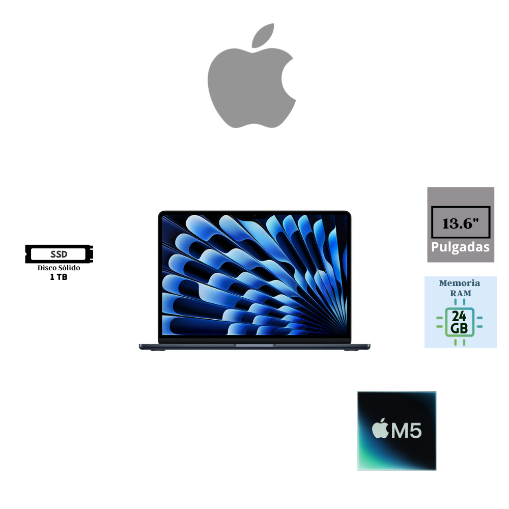 LAPTOP MACBOOK AIR 13.6″ APPLE M5 10-CORE CPU 24GB MEMORIA UNIFICADA 1TB SSD 10-CORE GPU MIDNIGHT