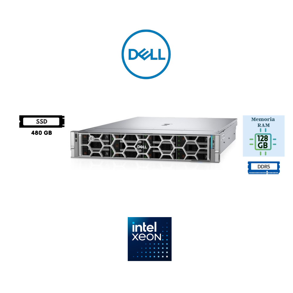 SERVIDOR RACK DELL POWEREDGE R570 INTEL XEON 6 PERFORMANCE 6521P 24C 128GB RAM DDR5 480GB SSD PERC H965I 3YR PROSUPPORT NBD