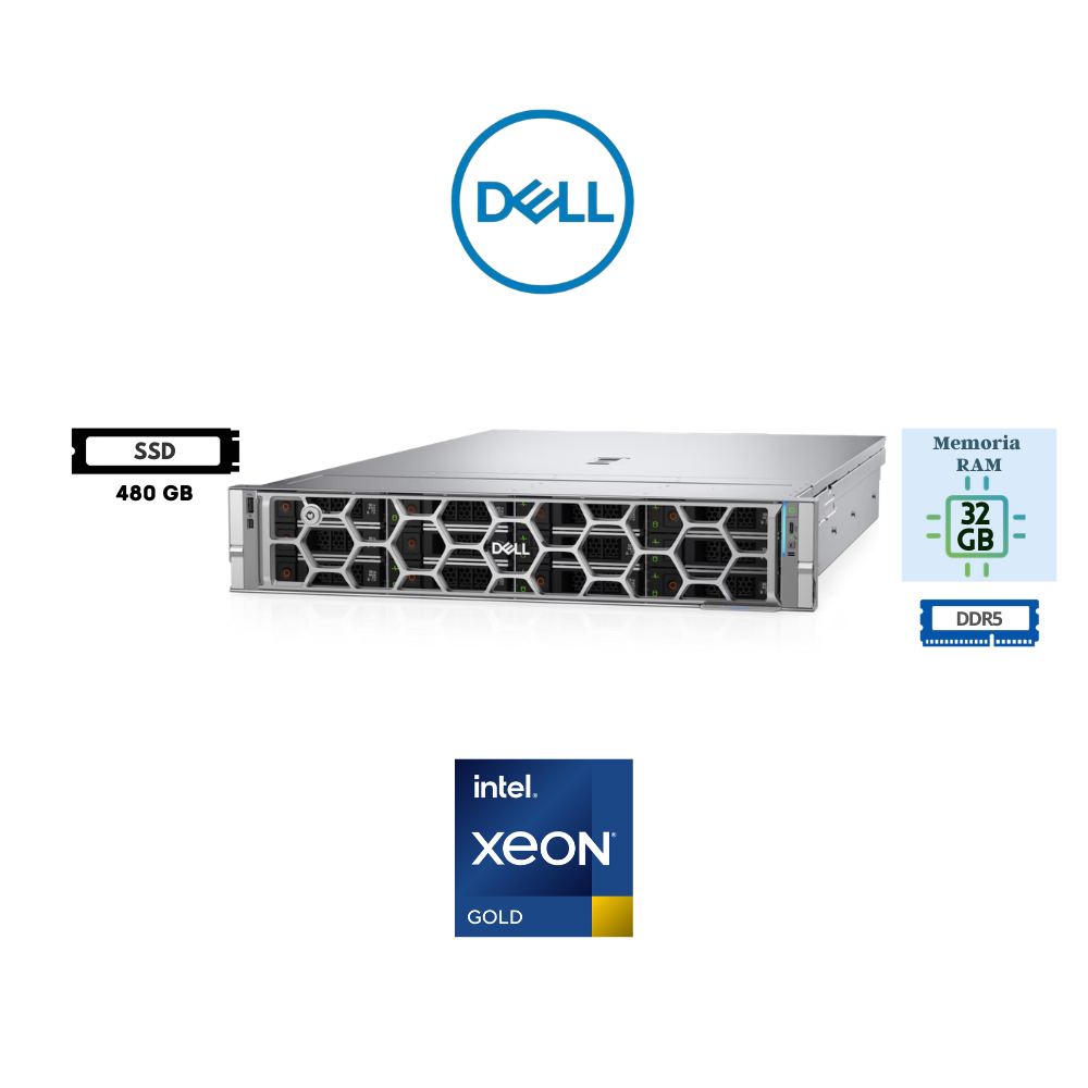 SERVIDOR RACK DELL POWEREDGE R570 INTEL XEON GOLD 6511P 16C 32GB RAM DDR5 480GB SSD PERC H965I 3YR PROSUPPORT NBD
