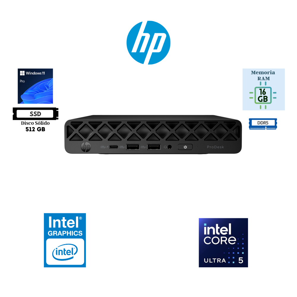 DESKTOP MINI HP PRODESK 4 AI G1I INTEL CORE ULTRA 5 225T 16GB DDR5 512GB SSD INTEL GRAPHICS WINDOWS 11 PRO