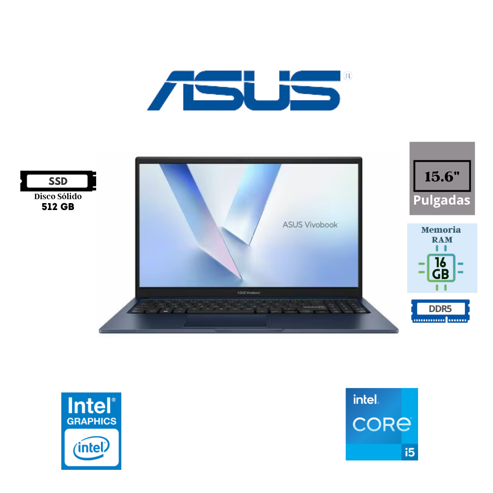 LAPTOP ASUS VIVOBOOK 15 X1504VA-BQ4055 15.6" FHD INTEL CORE 5 120U 16GB DDR5 512GB SSD INTEL GRAPHICS FREEDOS AZUL