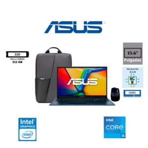 LAPTOP ASUS VIVOBOOK 15 X1504VA-BQ5699 15.6" FHD INTEL CORE 5 120U 8GB DDR5 512GB SSD INTEL GRAPHICS FREEDOS AZUL