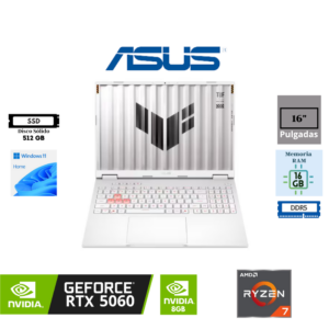 LAPTOP GAMER ASUS TUF GAMING A16 16" AMD RYZEN 7 260 16GB 512GB SSD NVIDIA GEFORCE RTX 5060 8GB FREEDOS FA608UMI-TU255