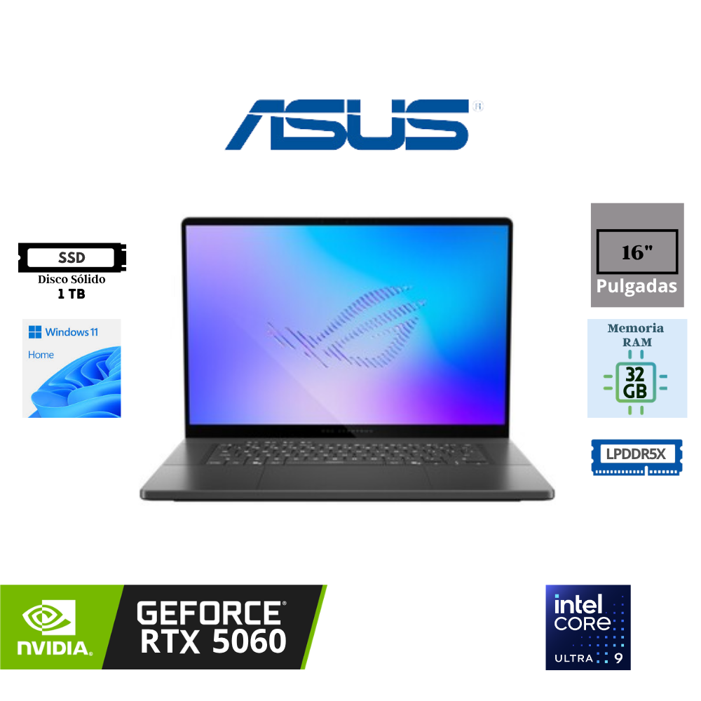 LAPTOP GAMING ASUS ROG ZEPHYRUS G16 GU606 16" WQXGA OLED 240HZ INTEL CORE ULTRA 9 386H 32GB LPDDR5X 1TB SSD NVIDIA GEFORCE RTX 5060 WINDOWS 11