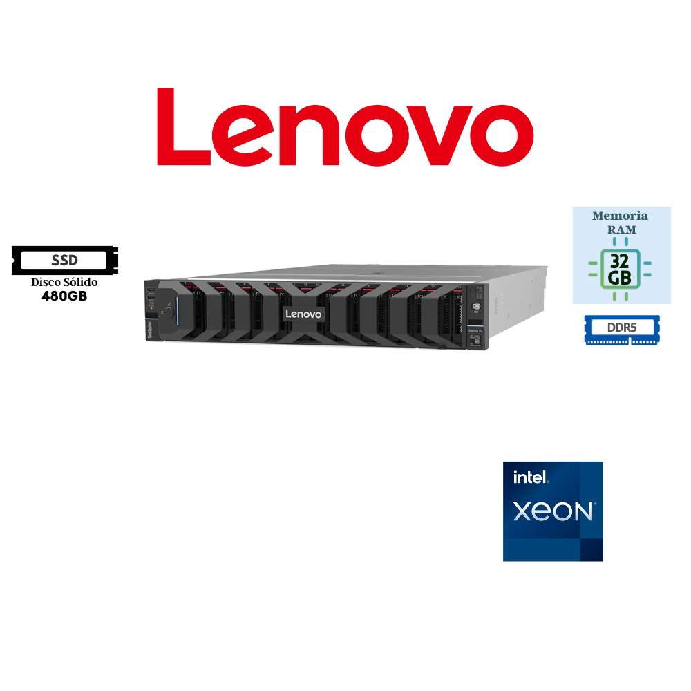 SERVIDOR LENOVO THINKSYSTEM SR650 V4 RACK 2U INTEL XEON 6515P 16 NÚCLEOS 32GB DDR5 480GB SSD RAID 940-8I 4GB