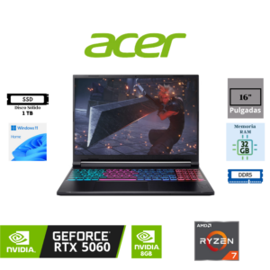 LAPTOP GAMING ACER NITRO V 16S AI ANV16S-41-R2AJ 16" AMD RYZEN 7 260 32GB DDR5 1TB SSD NVIDIA GEFORCE RTX 5060 8GB WUXGA 180HZ WINDOWS 11 HOME