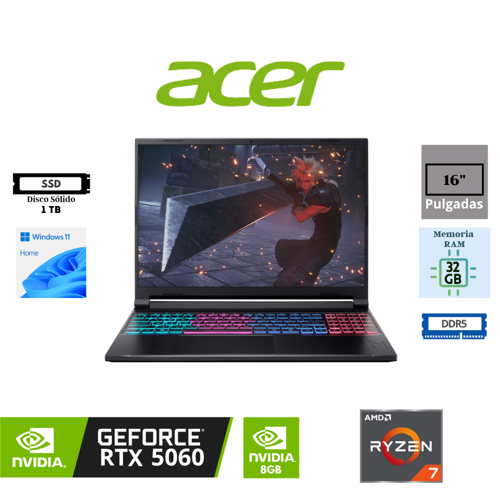 LAPTOP GAMING ACER NITRO V 16S AI ANV16S-41-R2AJ 16" AMD RYZEN 7 260 32GB DDR5 1TB SSD NVIDIA GEFORCE RTX 5060 8GB WUXGA 180HZ WINDOWS 11 HOME