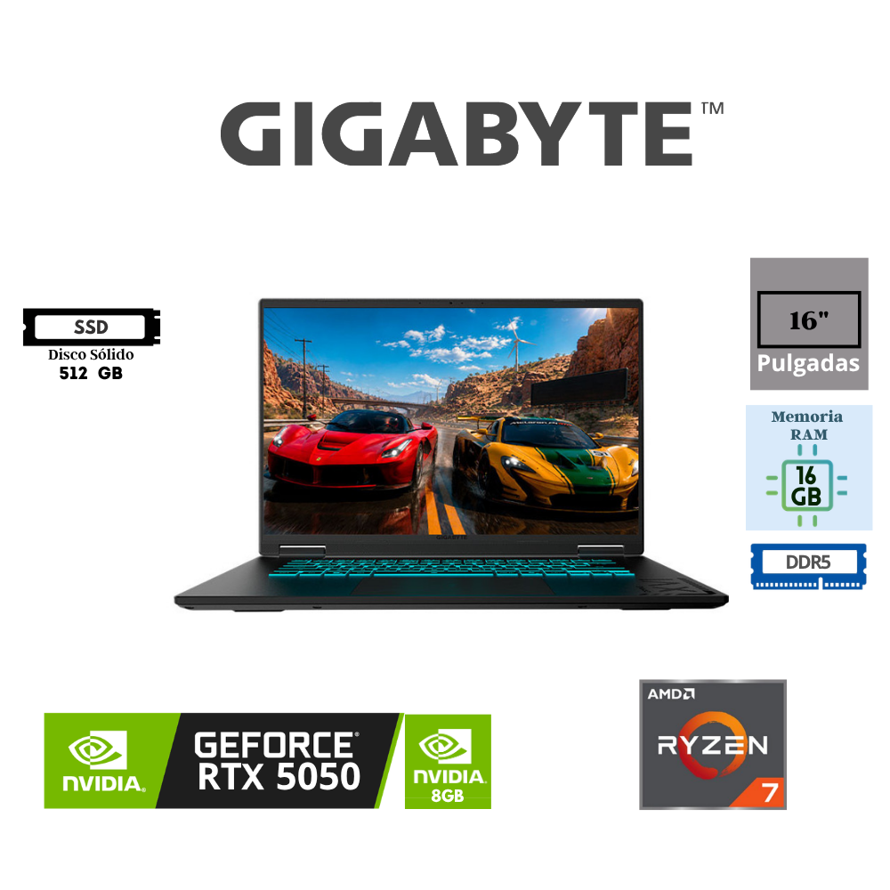 LAPTOP GAMING GIGABYTE A16 3THK3LA893PD 16" AMD RYZEN 7 260 16GB DDR5 512GB SSD NVIDIA GEFORCE RTX 5050 8GB WUXGA 165HZ FREEDOS