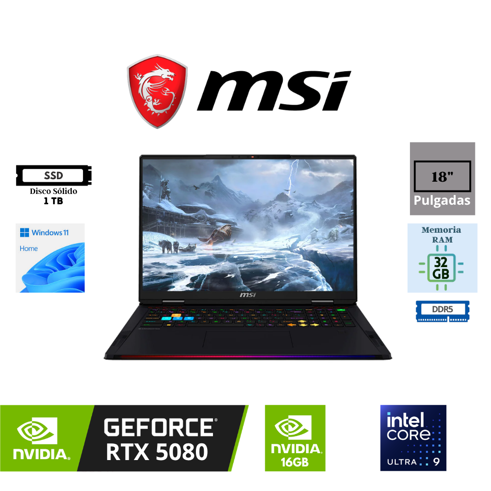LAPTOP GAMING MSI RAIDER 18 HX AI 18" INTEL CORE ULTRA 9 285HX 32GB DDR5 1TB SSD NVIDIA GEFORCE RTX 5080 16GB WQXGA 240HZ WINDOWS 11 HOME