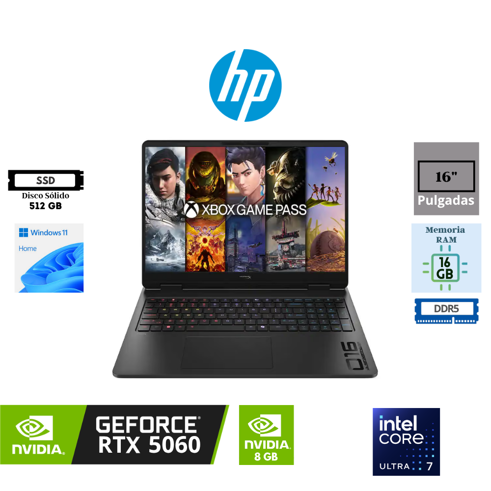 LAPTOP GAMING HP HYPERX OMEN 16 16-AM2013DX 16" INTEL CORE ULTRA 7 356H 16GB DDR5 512GB SSD NVIDIA GEFORCE RTX 5060 8GB WUXGA 165HZ WINDOWS 11 HOME
