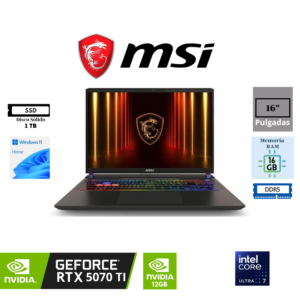 LAPTOP GAMING MSI VECTOR 16 HX AI A2XWHG-275US INTEL CORE ULTRA 7-255HX 1TB SSD 16GB DDR5 16 FHD+ (1920X1200) NVIDIA GEFORCE RTX 5070TI 12GB WINDOWS 11 HOME COLOR GRAY