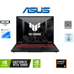 LAPTOP GAMING ASUS TUF A16 FA608PM-MB94 AMD RYZEN 9 8940HX 1TB SSD 16GB NVIDIA GEFORCE RTX 5060 8192MB 16" WUXGA (1920 X 1200) IPS 165HZ WINDOWS 11 HOME