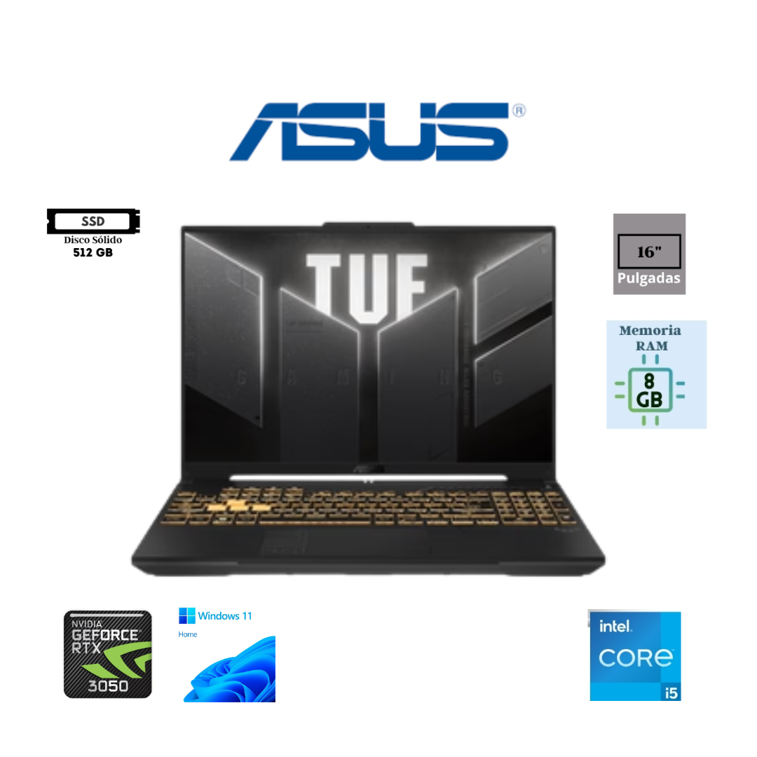 LAPTOP GAMING ASUS TUF GAMING F16 FX607VJR-TU302W 16″ WUXGA 144HZ INTEL CORE 5-205H 8GB RAM DDR5 512GB SSD NVIDIA GEFORCE RTX3050 6GB WINDOWS 11 HOME