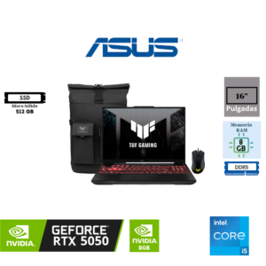 LAPTOP GAMING ASUS TUF GAMING F16 FX608JHI-TU380 16" WUXGA IPS 144HZ INTEL CORE I5-14450HX 8GB DDR5 512GB SSD NVIDIA GEFORCE RTX 5050 8GB FREEDOS JAEGER GRAY