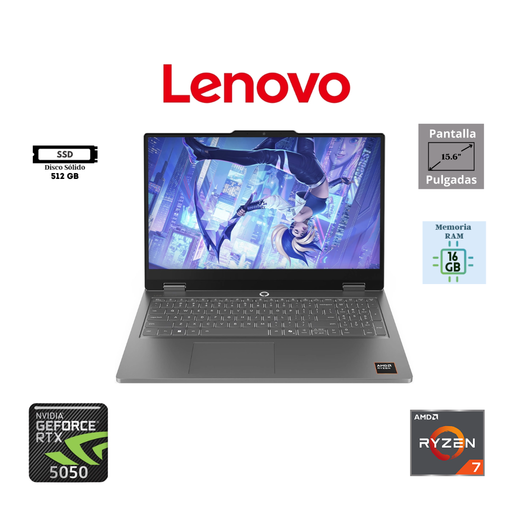 LAPTOP GAMING LENOVO LOQ ESENCIAL 15ARP11 15.6″ FHD 144HZ AMD RYZEN 7-170 16GB RAM DDR5 512GB SSD NVIDIA GEFORCE RTX 5050 8GB WINDOWS 11 HOME