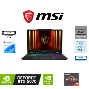 LAPTOP GAMING MSI CYBORG A15 AI B2HWGKG-254US AMD RYZEN 7 260 UP TO 5.1GHZ 1TB SSD 16GB DDR5 15.6 FHD (1920X1080) IPS 144HZ NVIDIA GEFORCE RTX 5070 8GB WINDOWS 11 HOME COLOR TRANSLUCENT BLACK