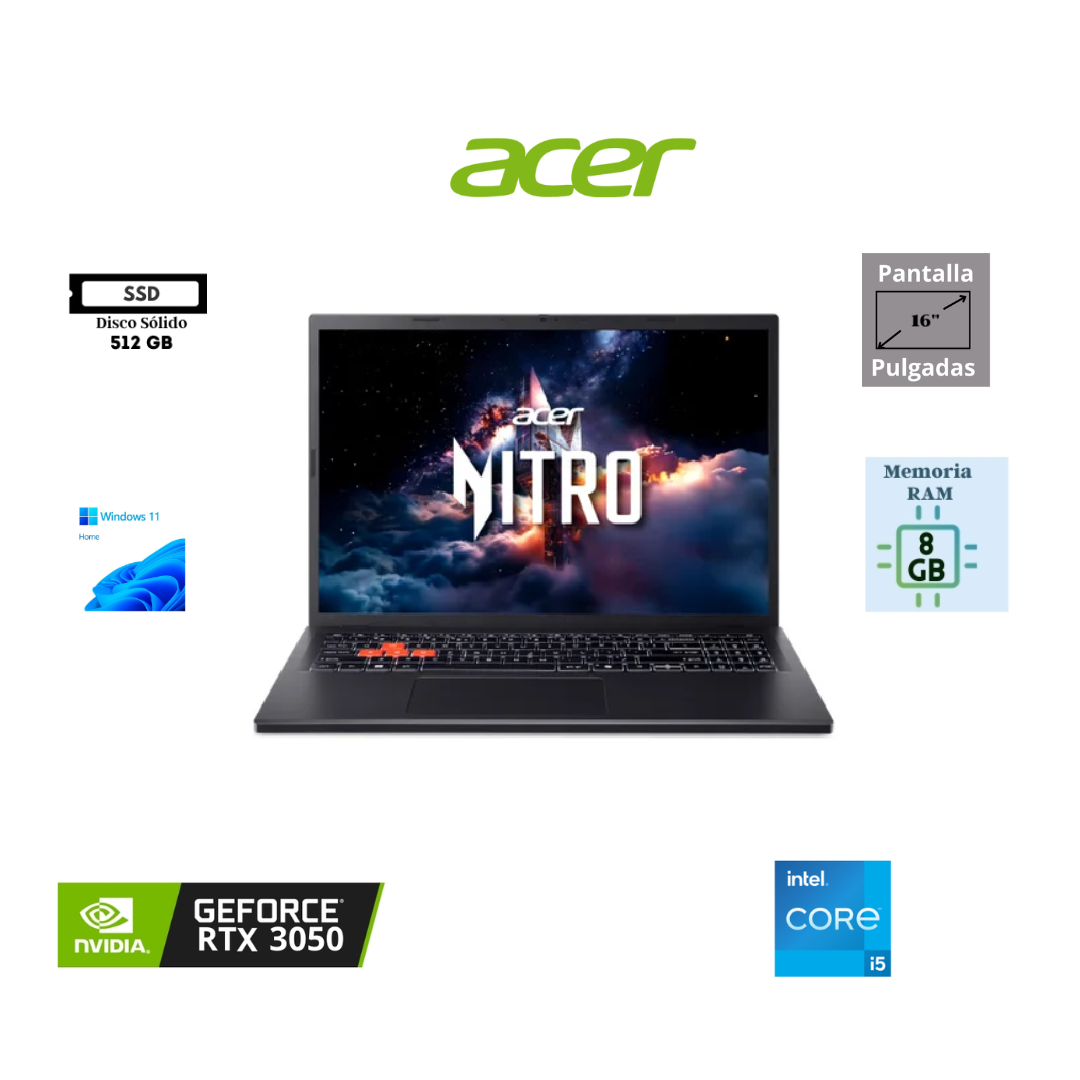 LAPTOP GAMING ACER NITRO LITE NL 16-71G-52K7 16″ WUXGA IPS 165HZ INTEL CORE I5-13420H 8GB RAM DDR5 512GB SSD NVIDIA GEFORCE RTX 3050 6GB WINDOWS 11 HOME